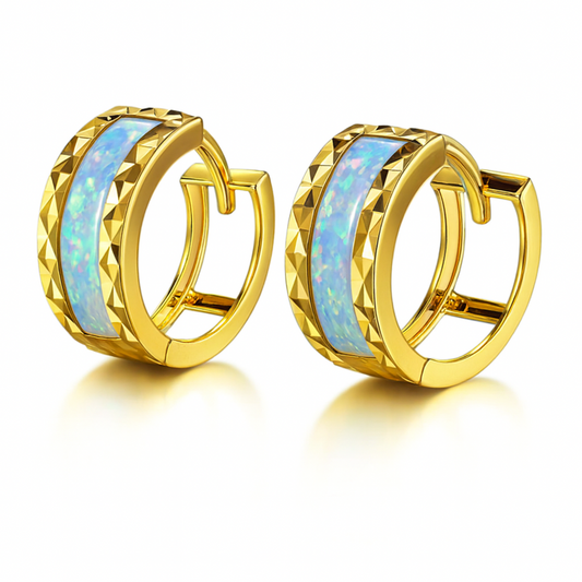 14k Yellow Gold Light Blue Opal Huggie Hoop Earrings