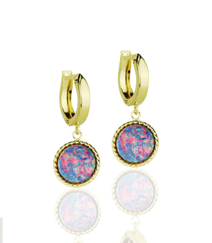 14k Yellow Gold Opal Huggie Dangle Earrings