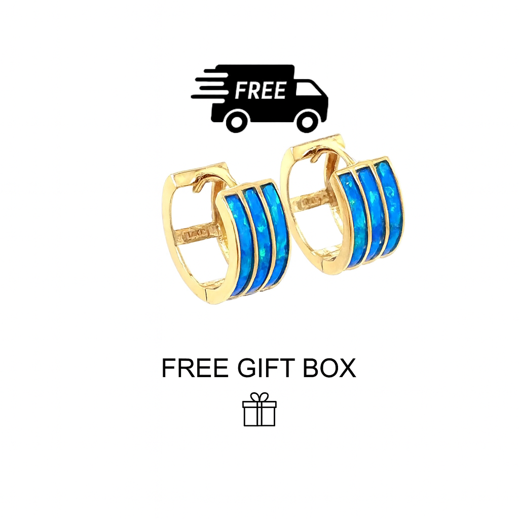 14k Yellow Gold Triple Row Dark Blue Opal Huggie Hoop Earrings