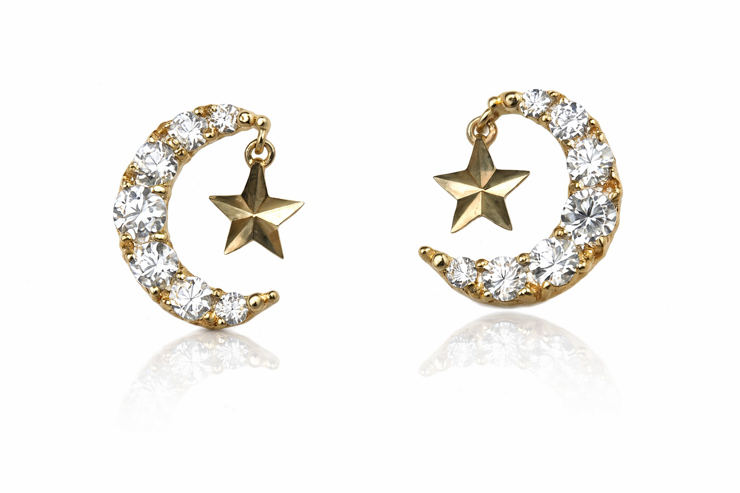 14k Yellow or White Gold Moon & Star Stud Earrings