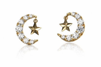 14k Yellow or White Gold Moon & Star Stud Earrings