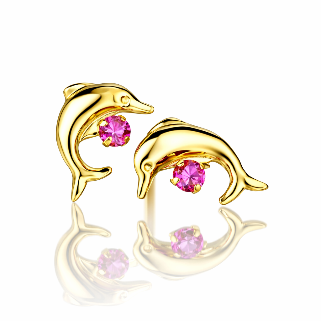 14k yellow gold dolphin earrings stud cz