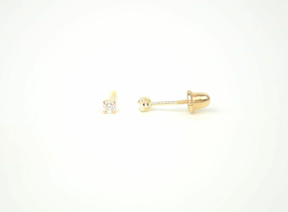 CZ Stud Earring Round cut in 14k yellow gold Screw back