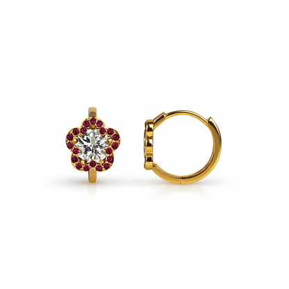 14k Yellow Gold Flower Huggie Ruby CZ Earrings