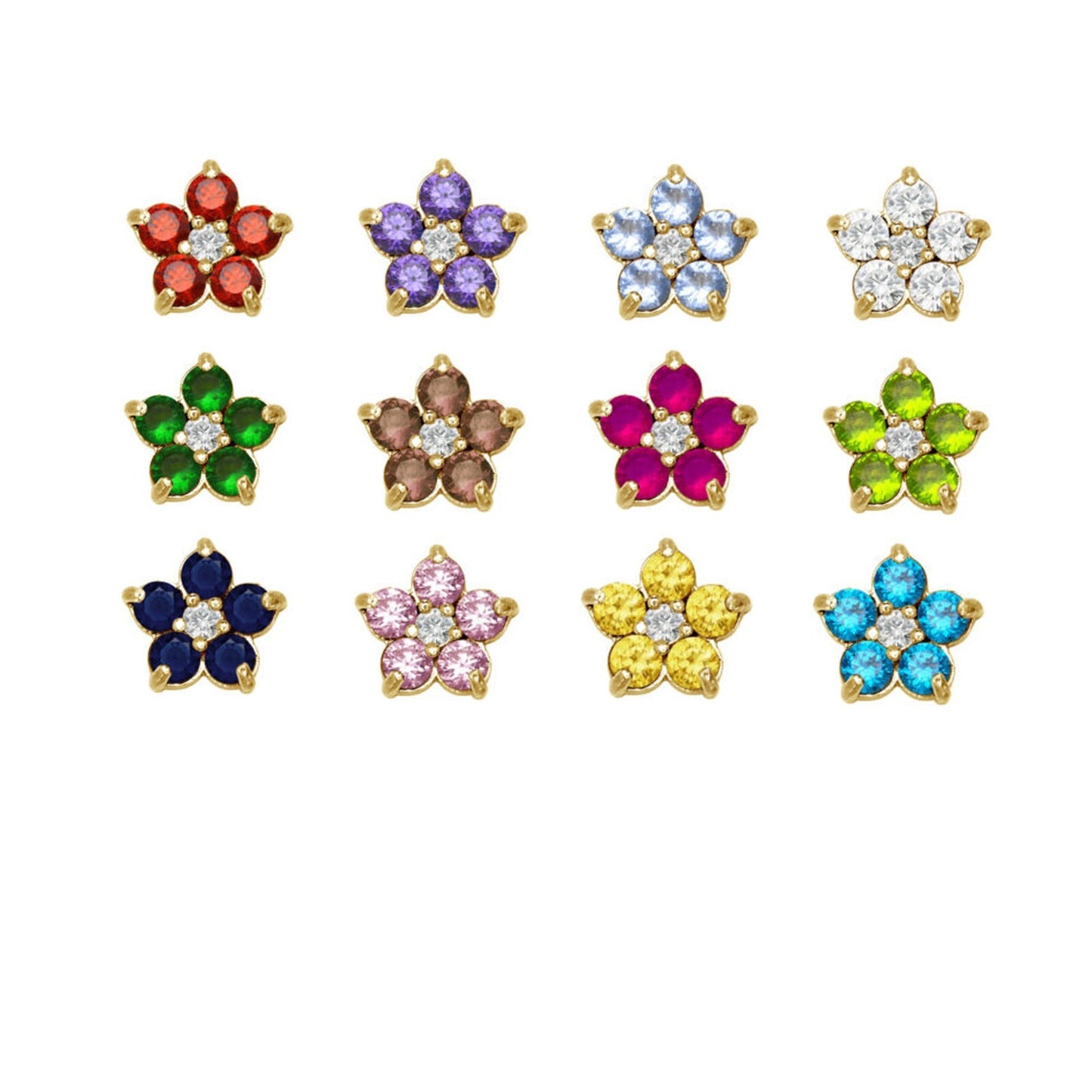14k Yellow and White Gold CZ Flower Birthstone Stud Screw Back Earrings
