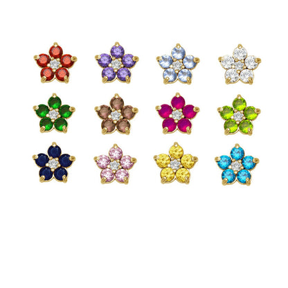 14k Yellow and White Gold CZ Flower Birthstone Stud Screw Back Earrings