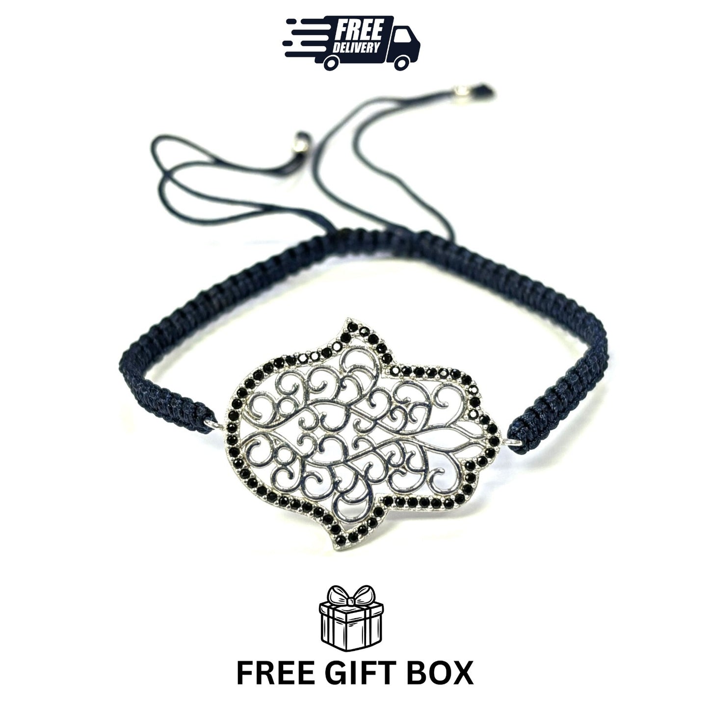 925 Sterling Silver  C Z Hamsa Bracelet 6" Adjustable to 11"