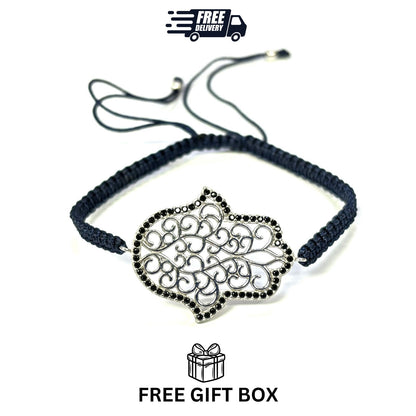 925 Sterling Silver  C Z Hamsa Bracelet 6" Adjustable to 11"