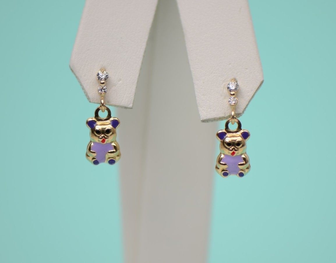 14K Solid Yellow Gold Teddy Bear Dangle Earring with Enamel