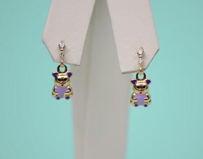 14K Solid Yellow Gold Teddy Bear Dangle Earring with Enamel