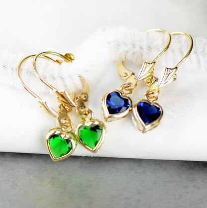 14k Yellow Gold Bezel Heart Birthstone Leverback Pierced Dangle Earrings 5x5 MM