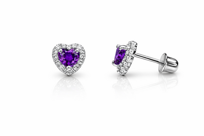 14K White Gold Halo Heart CZ Stud Earrings Screw Back