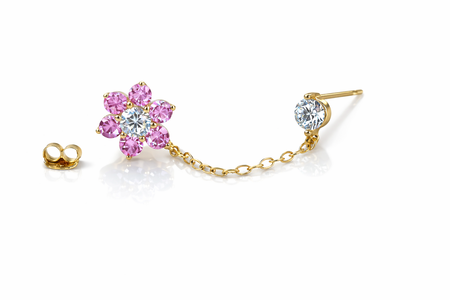 14k Yellow Gold Beautiful Flower CZ Stud Earrings with chain Push back for Women