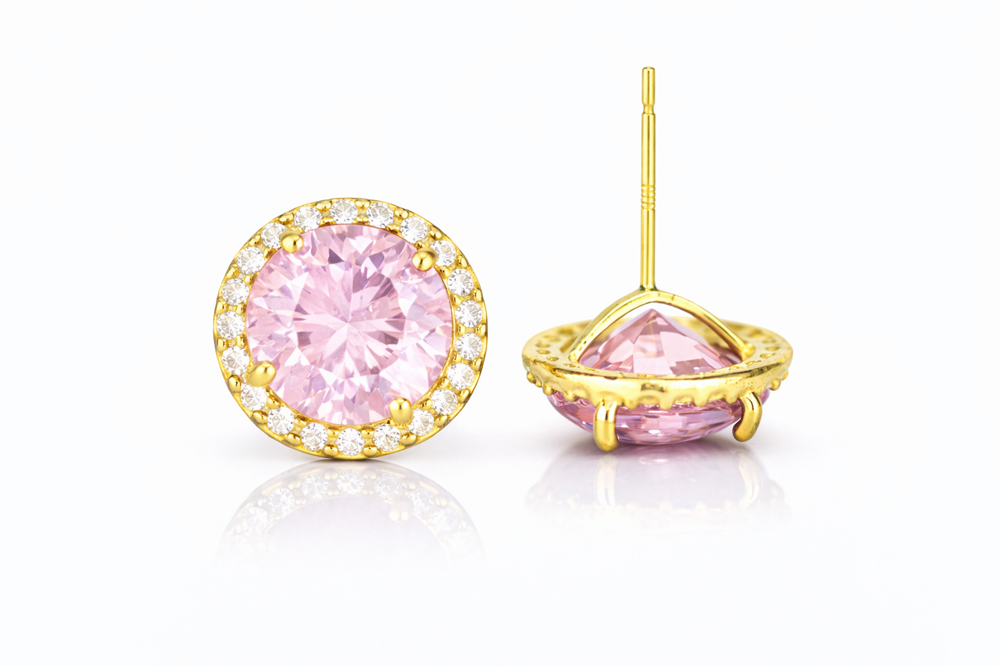 14K Yellow Gold 10mm Round Halo CZ Stud Push Back Earrings