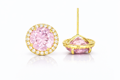 14K Yellow Gold 10mm Round Halo CZ Stud Push Back Earrings