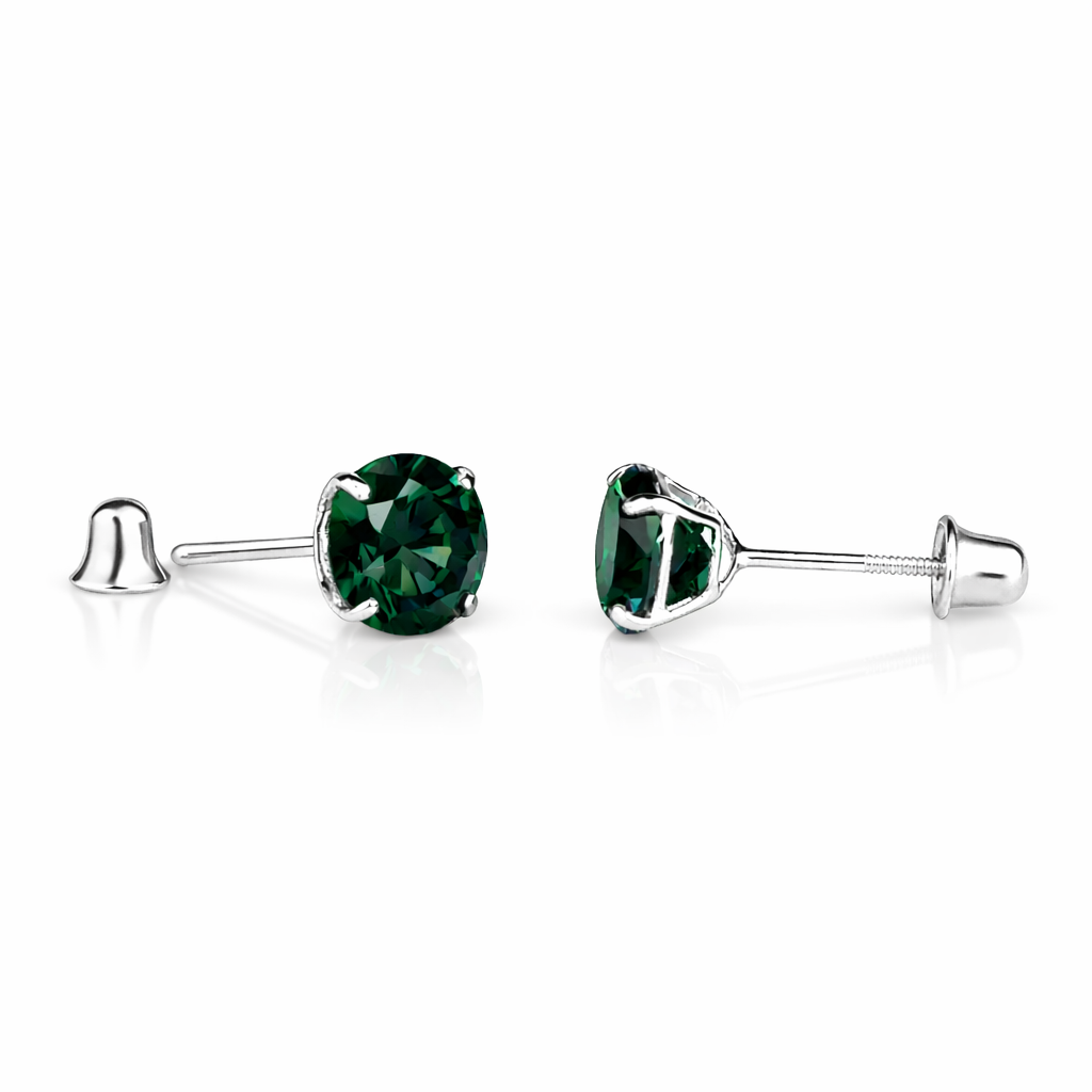 14K Solid White Gold 6mm Round Birthstone Stud Earrings with screw back