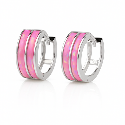 14k Yellow/White Gold Double Row Hot Pink Opal Huggie Hoop Earrings