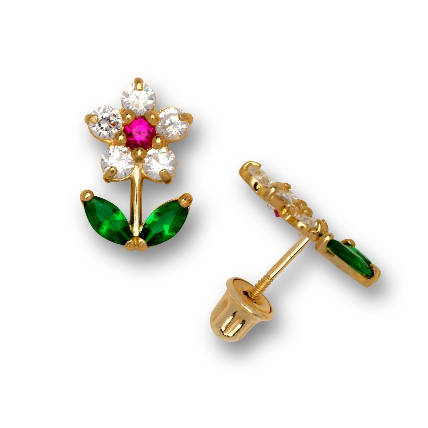 14K Yellow Gold CZ Ruby & Emerald Flower Stud Earrings for  Girls