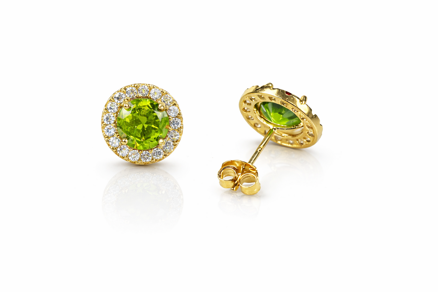 14K Solid Yellow Gold Round Halo CZ Stud Push Back Earrings