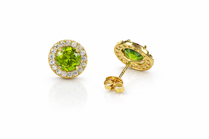 14K Solid Yellow Gold Round Halo CZ Stud Push Back Earrings