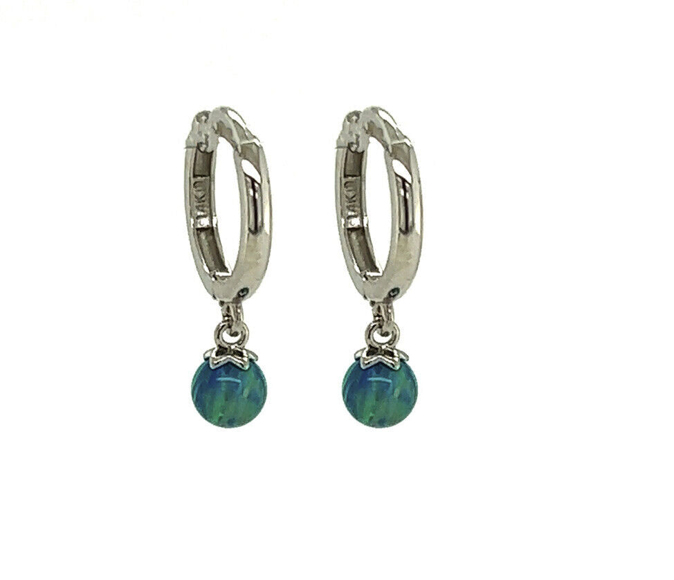 14k Yellow / White Gold Green Opal Huggie Dangle Earrings