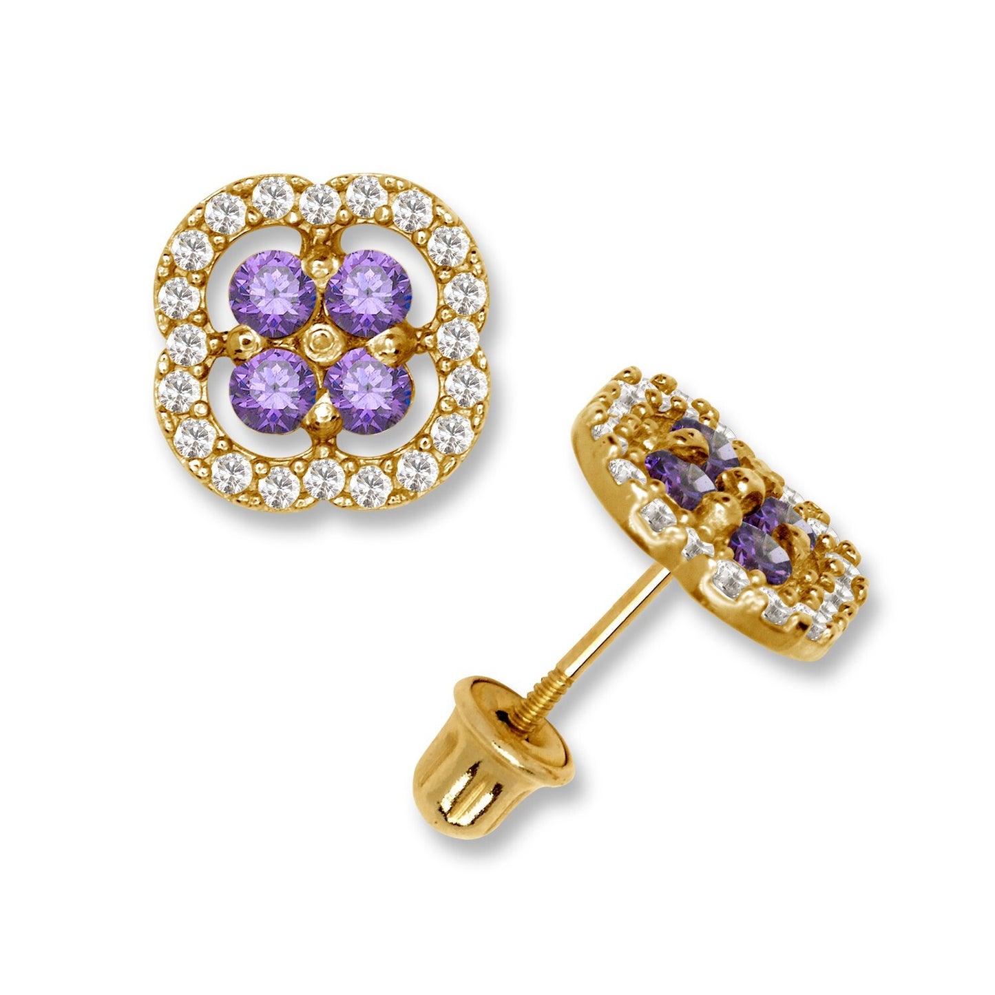 14K Yellow & White Gold CZ Squared Screw Back Stud Earrings for Women