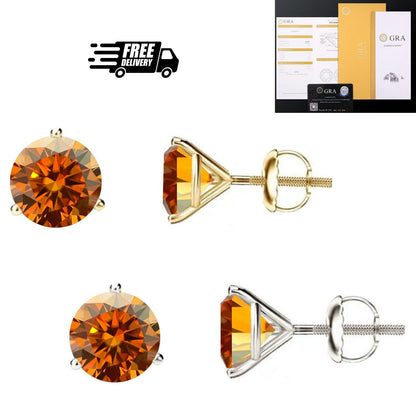 14K Gold GRA CertifiedD-VVS1 Orange Moissanite ScrewBack Stud Earrings