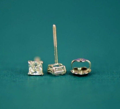 14k Heavy Basket White Gold Square AAA Quality CZ Stud Earrings with Screw Back