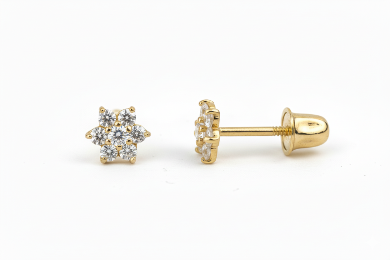 14K Yellow Gold Classic Flower CZ  Stud Earrings for Women