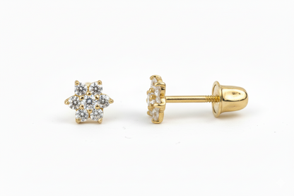 14K Yellow Gold Classic Flower CZ  Stud Earrings for Women