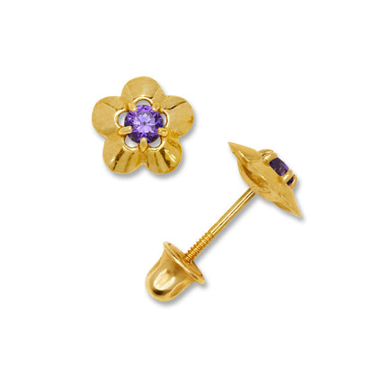14K Yellow & White Gold Elegant CZ Flower Stud Earrings for  Girls