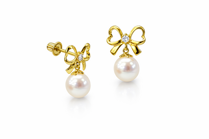 14K Yellow or White Gold Bow Tie Freshwater Pearl CZ Stud Earring