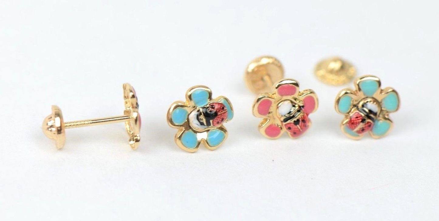 14k Yellow Gold Baby Enamel Flower earrings, Screw Back