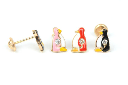 14k Yellow Gold Beautiful Enamel and CZ Penguin Baby Earrings, Screw Back