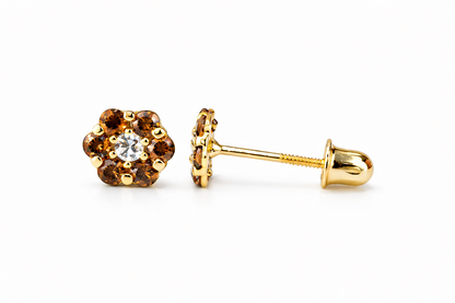 14k Yellow Gold Flower Stud Earrings with Screw Back