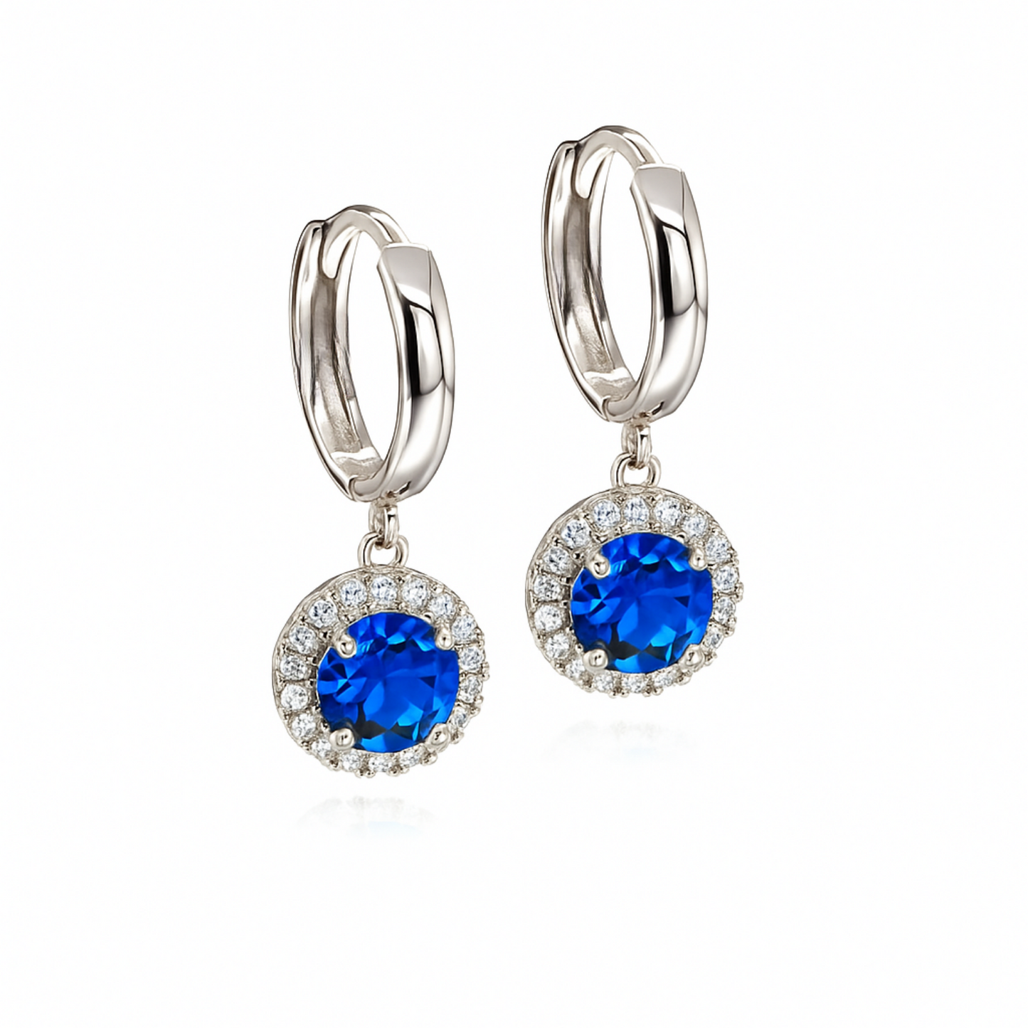 14k White Gold Halo Round Shaped pretty Birthstone Huggie Earrings for Women