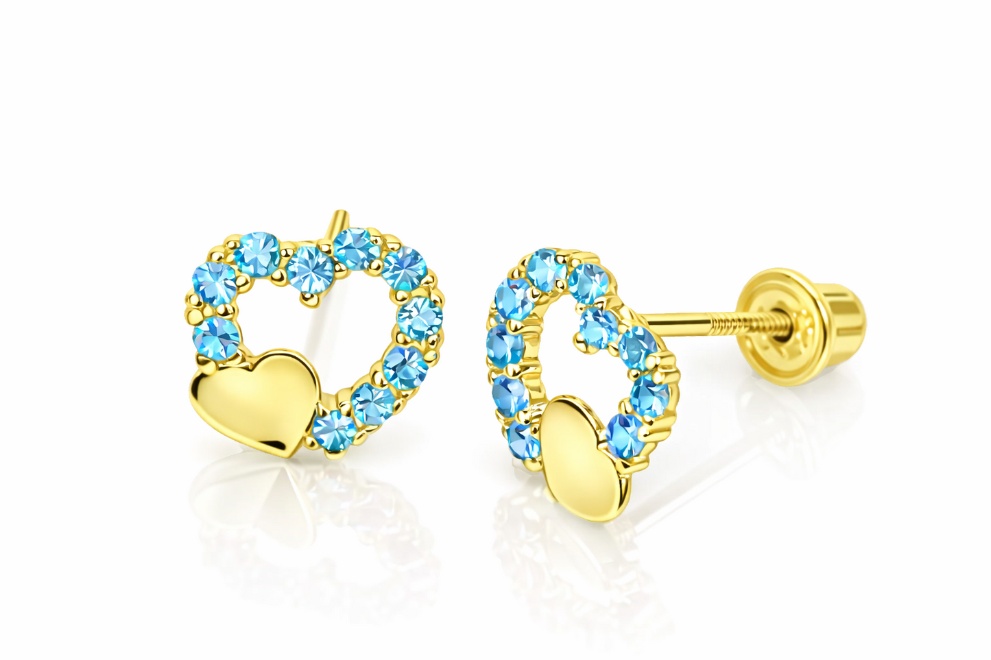 14K Yellow or White Gold Double Heart Stud Earrings with CZ  (Cubic Zirconia)
