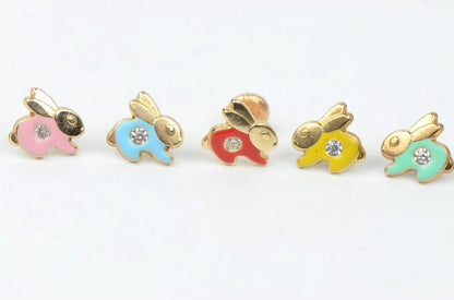 14k Yellow Gold Enamel and CZ Rabbit Baby earrings, Screw Back