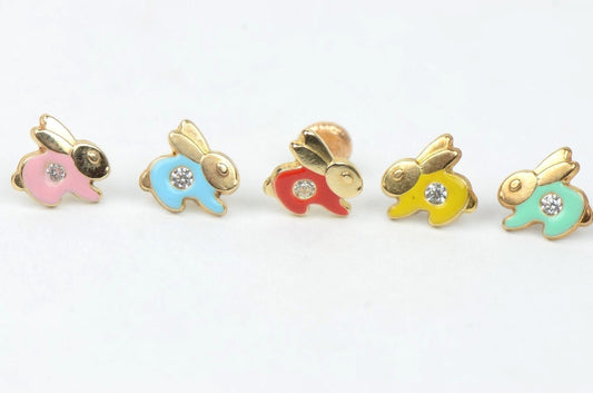 14k Yellow Gold Enamel and CZ Rabbit Baby earrings, Screw Back