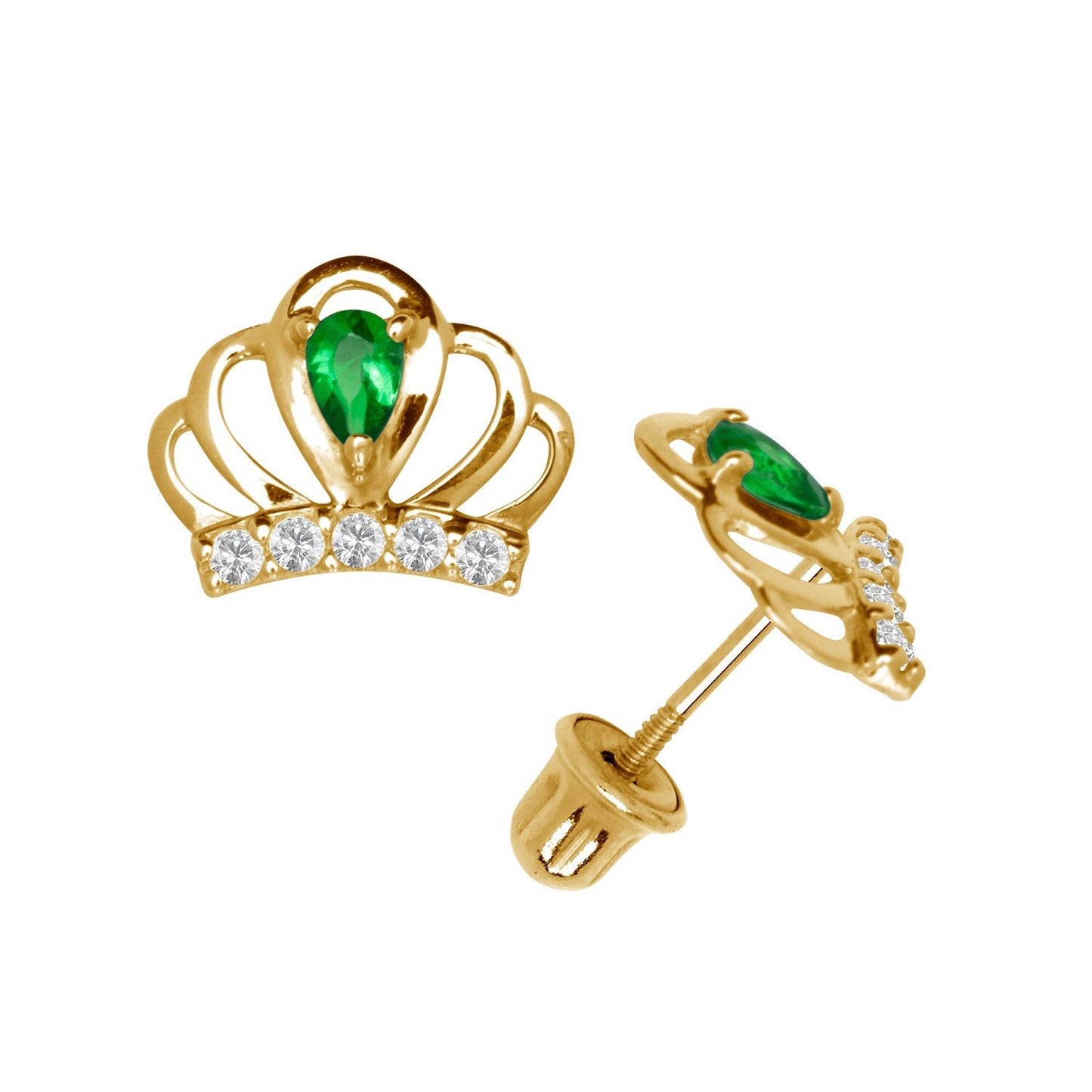 14k Yellow & White Gold CZ Crown Baby Screw Back Stud Earring for Girls