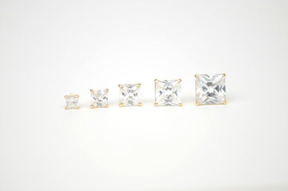 14k Yellow Gold Square Princess Cut CZ Stud Earrings with screw back