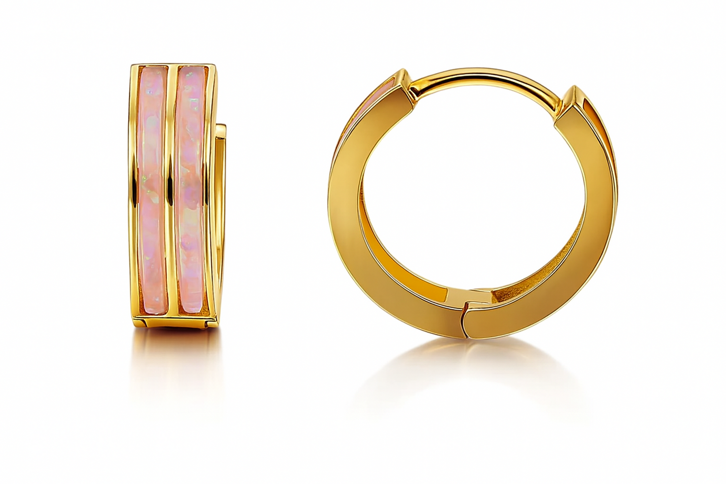 14k Yellow Gold Double Row Light Pink Opal Huggie Hoop Earrings