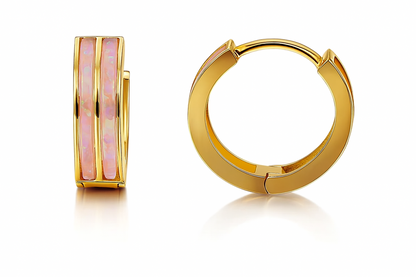 14k Yellow Gold Double Row Light Pink Opal Huggie Hoop Earrings