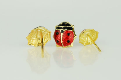 14k Yellow Gold Red and Black Enamel Lady Bug Baby earrings, Screw Back