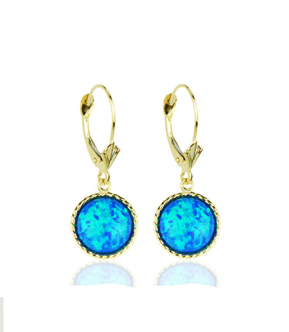 14k Yellow Gold Opal Round Flat Dangle Leverback Earrings