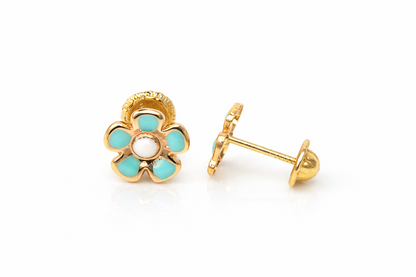 14k Yellow Gold Baby Enamel Flower earrings, Screw Back