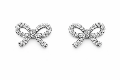 14k Solid White or Yellow Gold Bow Tie Stud Screw Back Earrings with CZ