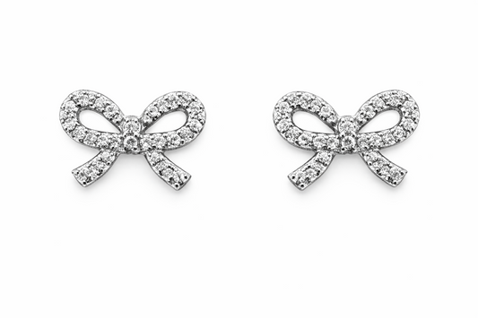 14k Solid White or Yellow Gold Bow Tie Stud Screw Back Earrings with CZ