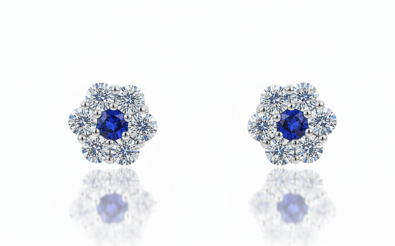 14K White Gold Beautiful Flower CZ Stud Earrings for Women