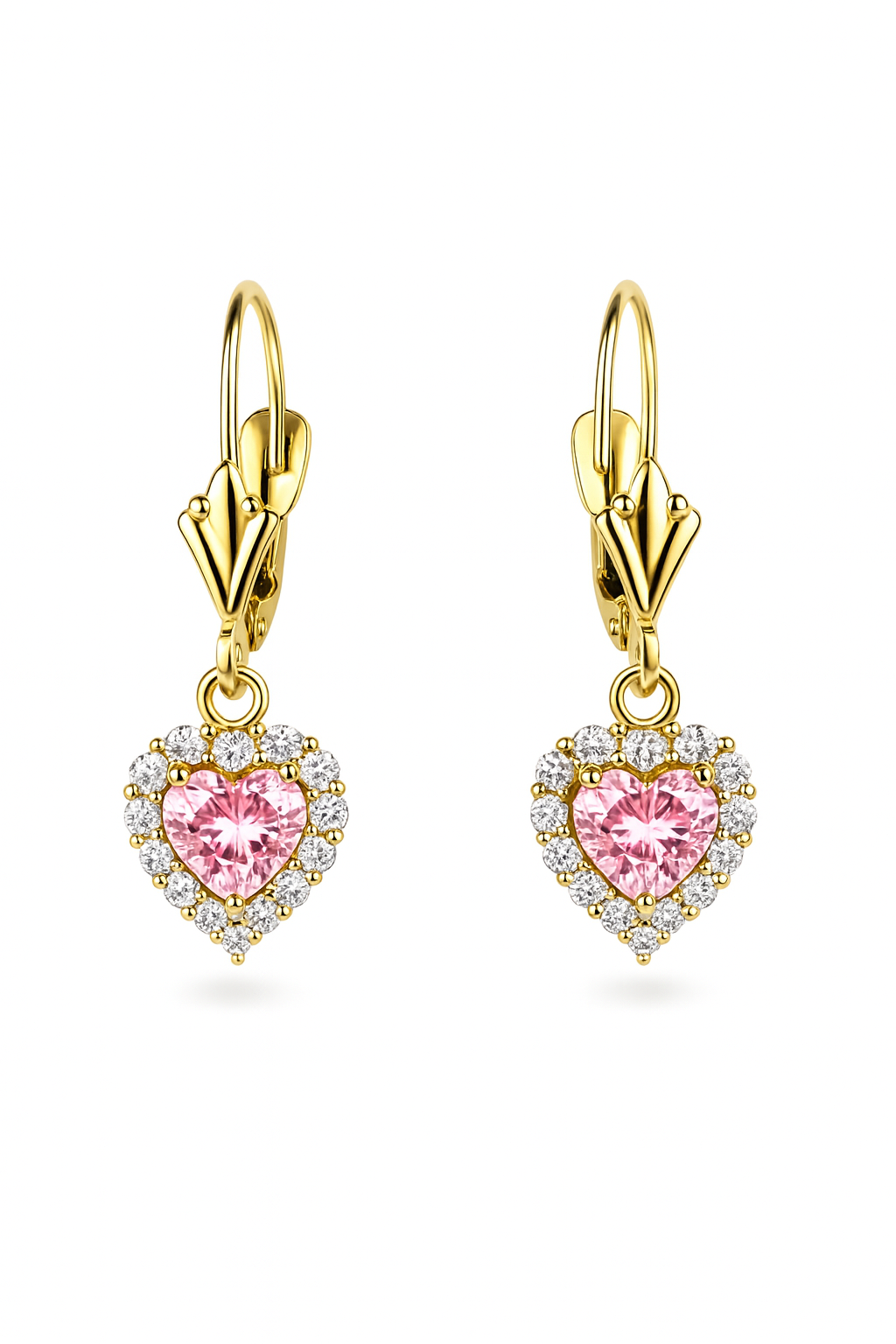 14k White Gold Halo Dangle Heart Leverback Pierced Earrings Birthstone